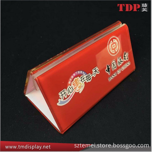 factory Customize silkscreen acrylic table tent wholesale,hot sale Triangle acrylic table tent manufacture triangle sign holder